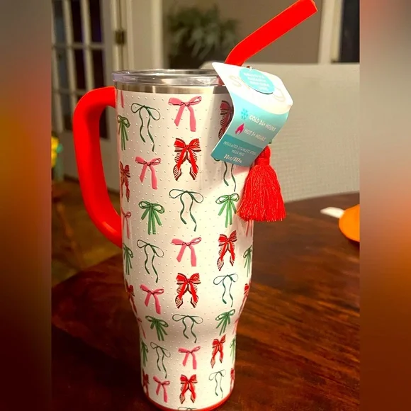 Holiday Bow Travel Mug with Red Handle - Picture 1 of 3